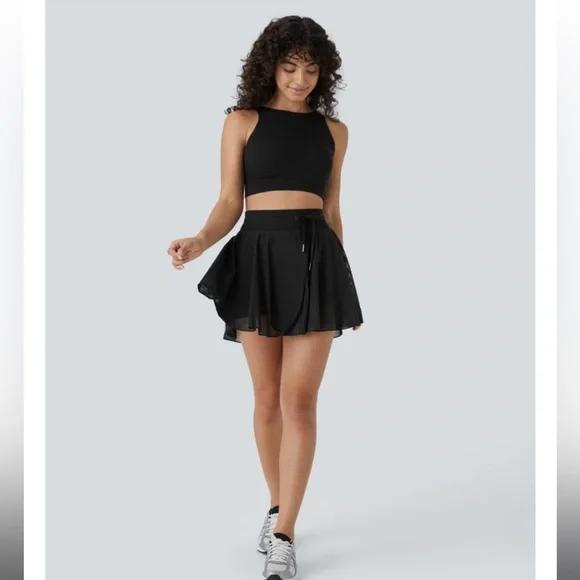 High Waisted Drawstring Contrast Mesh Flowy Mini Flare Casual Skirt/Skort - Picture 1 of 11